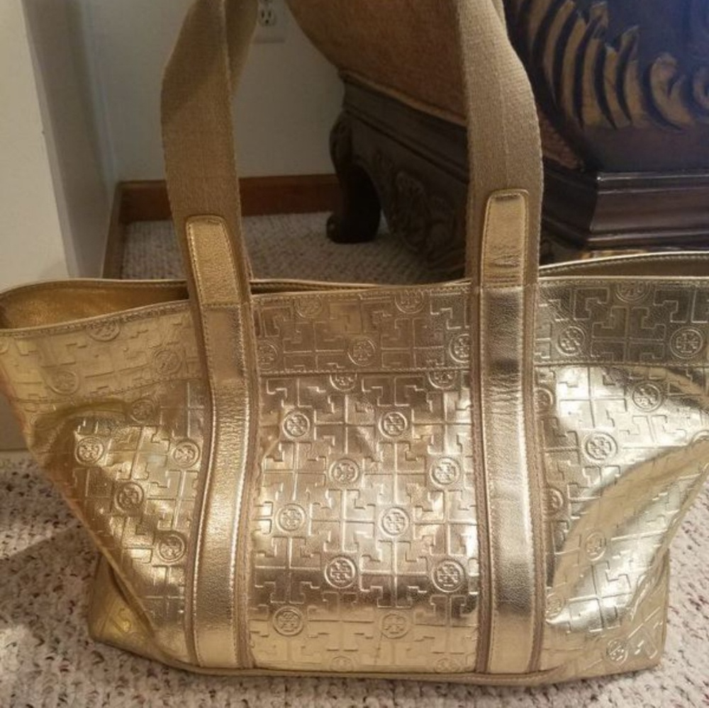 Metallic Logo-embossed Gold Leather Canvas Tote